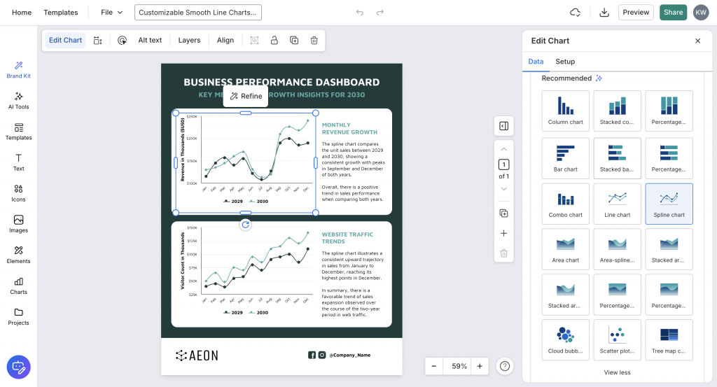 Screenshot of Venngage's editor and the chart options available